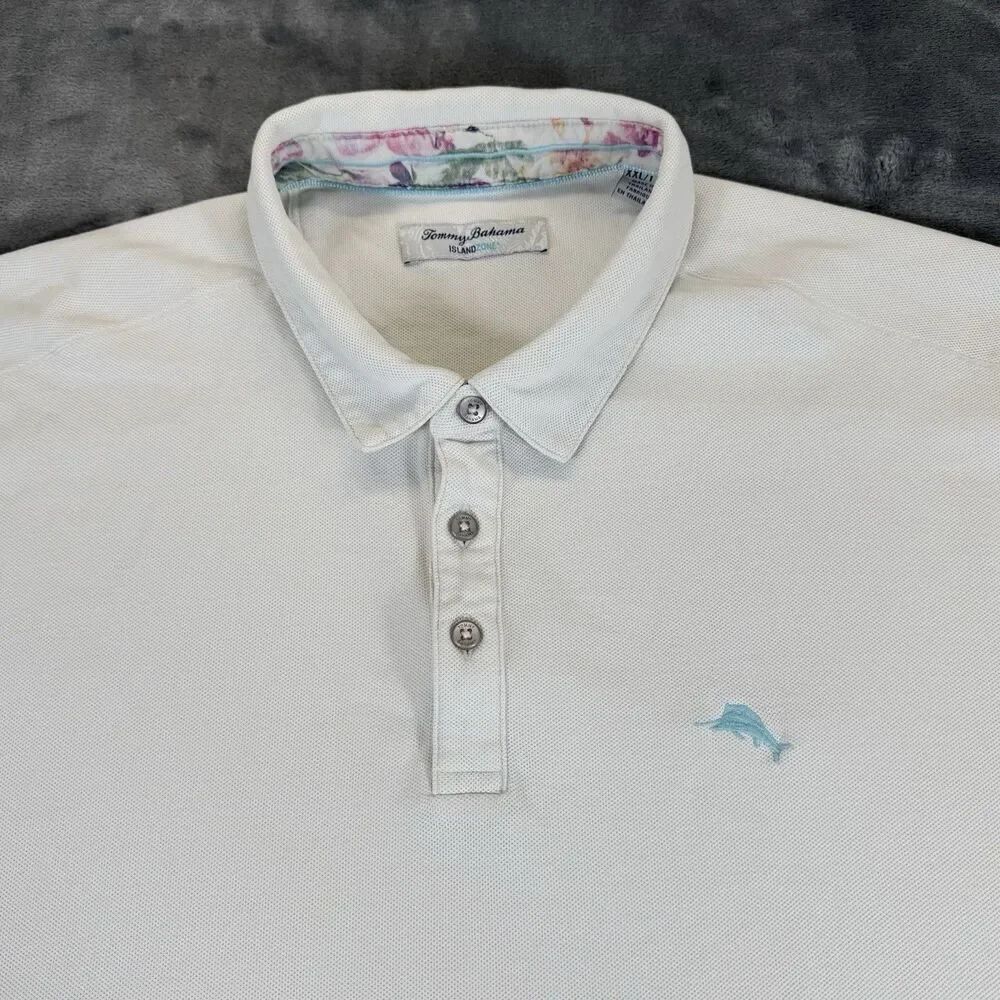 Tommy Bahama Mens Size XXL Ivory Polo Shirt Teal Marlin Casual Short Sleeve